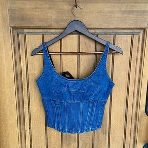 Maeve denim corset/bustier top with bow-tie back